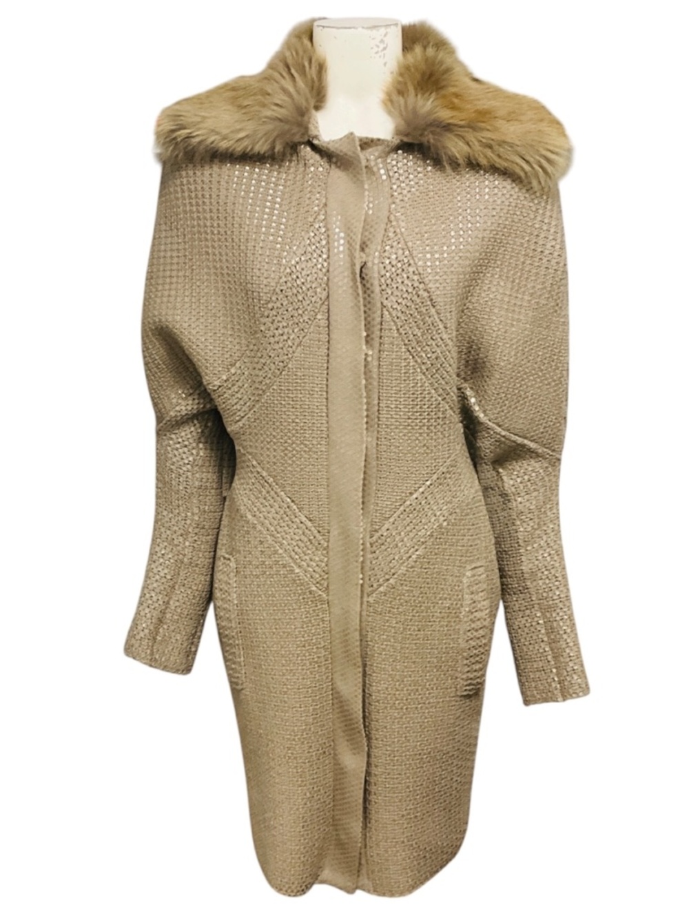 Versace Taupe Sequined Wool and Cashmere Knit Long Cardigan Sweater with Fox Fu